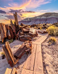 Sunset over ancient wood path