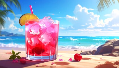 Refreshing pink drink with ice on a sandy beach with an ocean view under a blue sky and palm trees