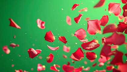 Red petals scatter and swirl against a gradient green backdrop in a soft, romantic, and elegant composition