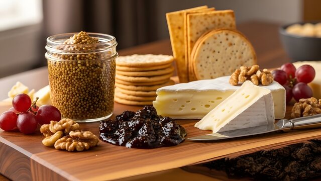 A sophisticated artisan cheese board with brie, fig jam, whole grain mustard, and crackers. Elegant, rustic presentation for entertaining and gourmet dining.
- Powered by Adobe