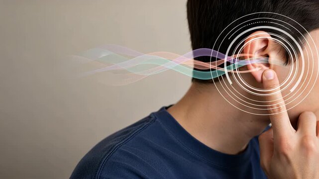 A man touching a ear with colorful waves and circular interface symbolizing hearing problems and hearing aid detection