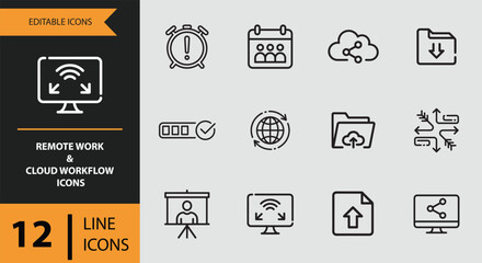 12 Remote Work and Cloud Workflow Icons outline icon set. remote office cloud collaboration outline icons
