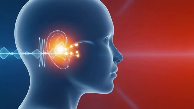 3D ear anatomy with glowing cochlea and soundwave showing hearing problems, sound study, and hearing aid science