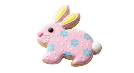 Pink Bunny Shaped Cookie With Blue Flowers And White Dots rabbit easter