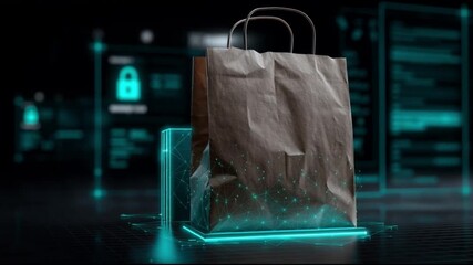 Intellectual property. Copyright. Innovation digital rights. Brand protection law. A digital shopping bag with glowing holographic elements.