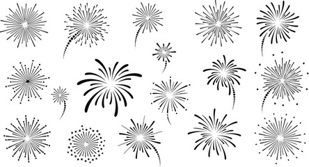 Collection of stylized black and white firework burst icons