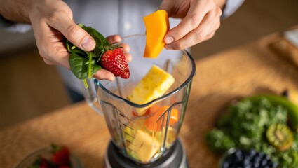 Hands Adding Fruit and Greens to a Blender for a Smoothie