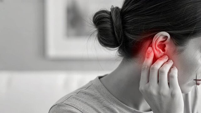A woman holding a ear with glowing red area showing irritation symbolizing hearing problems and need for hearing aid support