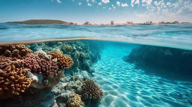 Underwater coral reef seabed view with horizon and water surface split by waterline