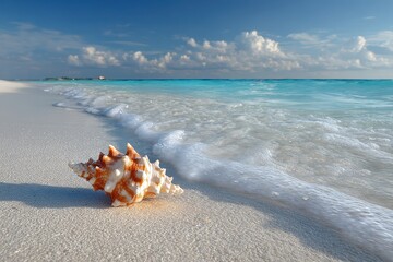 Seashell on white sand beach with turquoise water and beautiful sky. Perfect for vacation, travel, or summer-themed projects and designs.