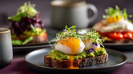Gourmet avocado toast with poached egg and microgreens on dark plate, closeup