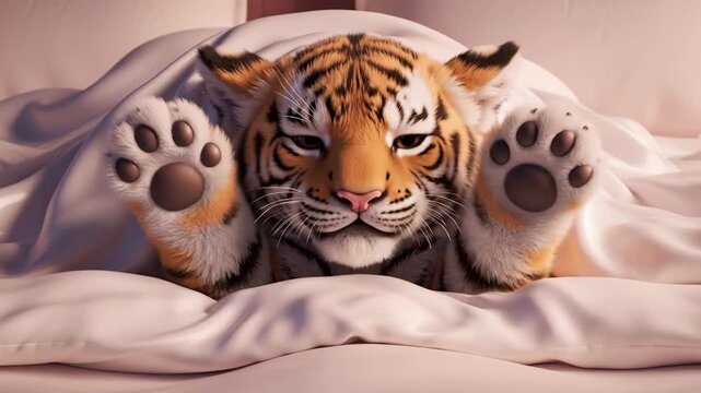 Adorable baby tiger cub yawning and stretching in a cozy bed with white blanket. Cute waking up animal character. Sleep and morning concept.