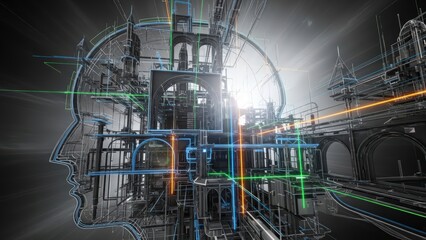 Abstract Digital Brain with Glowing Connections and Futuristic Architecture.