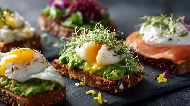 Gourmet avocado toast with poached eggs, smoked salmon, and microgreens on dark slate platter - Powered by Adobe