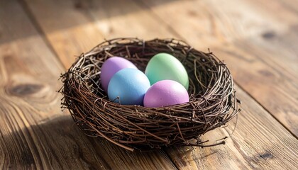 Obraz premium Bird's nest with pastel eggs on wooden surface.