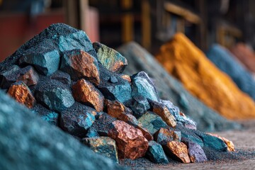 Pile of colorful rocks with metallic sheen and black granules. Use for mining, industry, construction, or earth science themes.