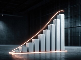 A sleek ascending bar chart illuminated by a glowing curved line, symbolizing accelerating performance, strategic growth trajectories and measurable business success