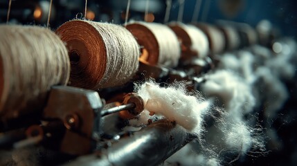 Spools of thread and cotton on vintage textile machine, close up view. Showcasing the process, material, and machinery in textile manufacturing.