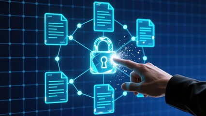 A hand activating blue lock icon with floating papers in secure grid, document management system concept