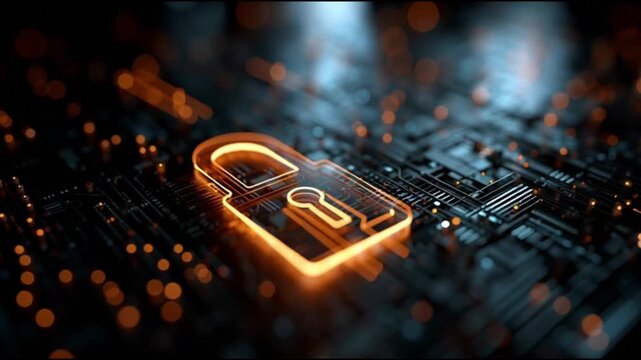 Intellectual property. Copyright. Innovation digital rights. Brand protection law. A glowing padlock symbolizing digital security and protection.