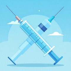 Two crossed syringes against a light blue background