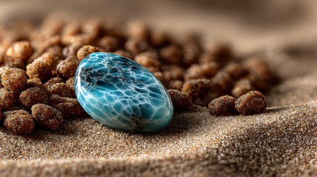 Polished larimar stone on sand with small, brown, sugar coated candies. Showcasing beautiful textures, ideal for jewelry or travel concepts.