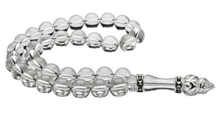 Clear crystal Tasbih prayer beads (Misbaha) with silver tassel isolated on white background