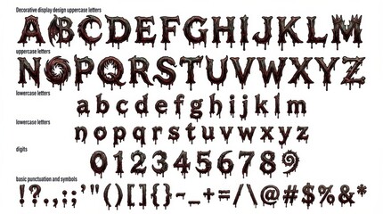 font alphabet in horror dripping style from a to z numbers punctuation isolated on white background