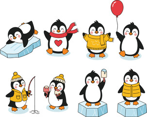 Cute winter penguin character set wearing sweaters, scarves, jackets, fishing and playing on ice, holding balloons, ice cream, adorable vector collection © Masum Creatives