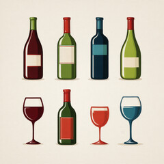 Vibrant illustration of assorted wine bottles and glasses in red, green, and blue tones, perfect for beverage, celebration, or wine-tasting themed designs.