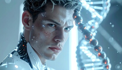 Man with tech enhancements stares intensely; DNA helix in bg
