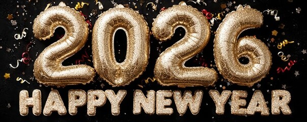 Golden 2026 New Year balloons with confetti and streamers for celebration