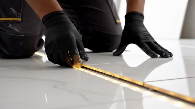 Professional laying of ceramic tiles with golden grout by a worker wearing black gloves