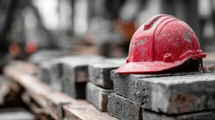 A red hard hat rests atop stacked gray bricks at a construction site. Use this image for safety, construction, or industrial concepts.