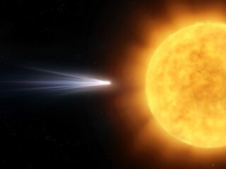 Comet close to the sun in space. Comet's nucleus evaporates near the star. Celestial body in the solar system.