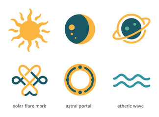 Set of six glowing abstract symbols with celestial and geometric themes
