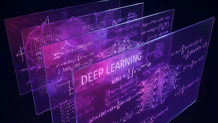 Deep learning concept displayed on multiple screens with equations and graphs in a dark room