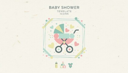 baby shower geometric icon set template illustration template featuring stroller icon with soft hearts and dots on textured background that looks like fine paper