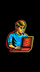 Hand drawn a person creating an online portfolio colorful image. Vintage style. Vector illustration.