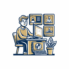 Hand drawn a person creating an online portfolio image. Flat image isolated on white background. Vector illustration.