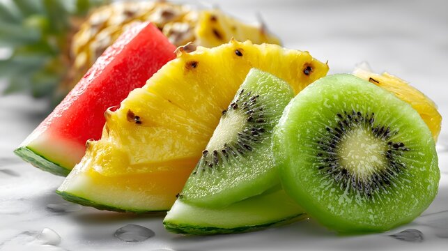 Fresh slices of watermelon, pineapple, and kiwi fruit on a light surface - Powered by Adobe