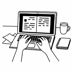 A person creating an online portfolio outline simple image. Flat style. Vector illustration.