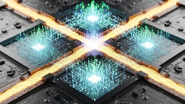 Abstract representation of quantum computing processors interconnected with glowing data pathways, symbolizing highspeed parallel processing and artificial intelligence