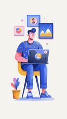 A person creating an online portfolio watercolor image. Flat style. Vector illustration.