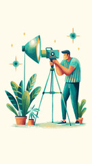 A person sets up equipment for night photography watercolor image. Flat style. Vector illustration.