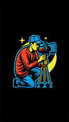 Hand drawn a person sets up equipment for night photography colorful image. Vintage style. Vector illustration.