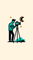 A person sets up equipment for night photography minimalistic image. Flat style. Vector illustration.