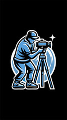 Hand drawn a person sets up equipment for night photography colorful image. Vintage style. Vector illustration.