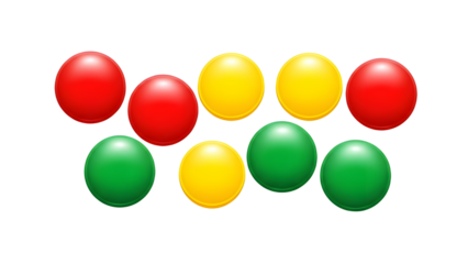 3D glossy red yellow and green spheres isolated on a white background