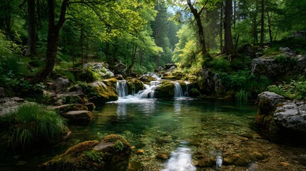 Obraz premium Serene small cascading waterfall flows over mossy rocks in a dense green forest, with crystal clear water smoothed by long exposure.